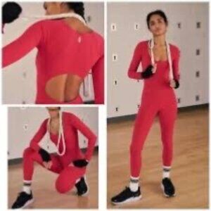 Free People Movement Red Good Karma L Sleeve Jumpsuit Bodysuit Thumbholes XS/S